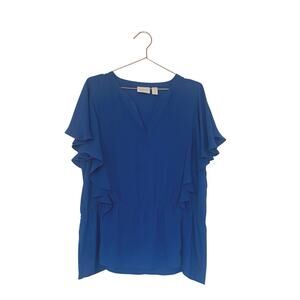 Chicos size 2 large blue ruffled sleeve cinched waist blouse